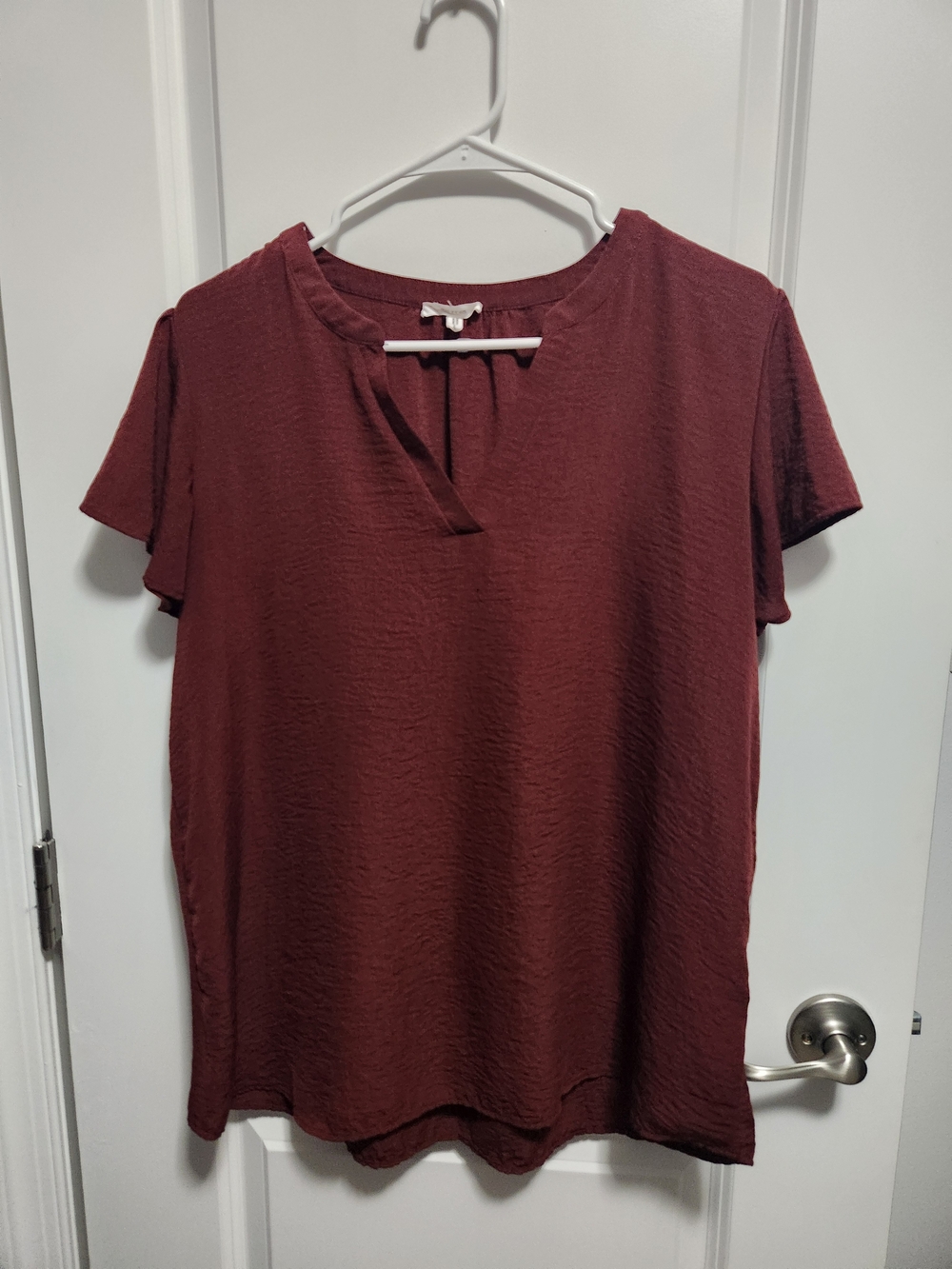 Maurices Short Sleeve Notch Neck Blouse - Burgundy